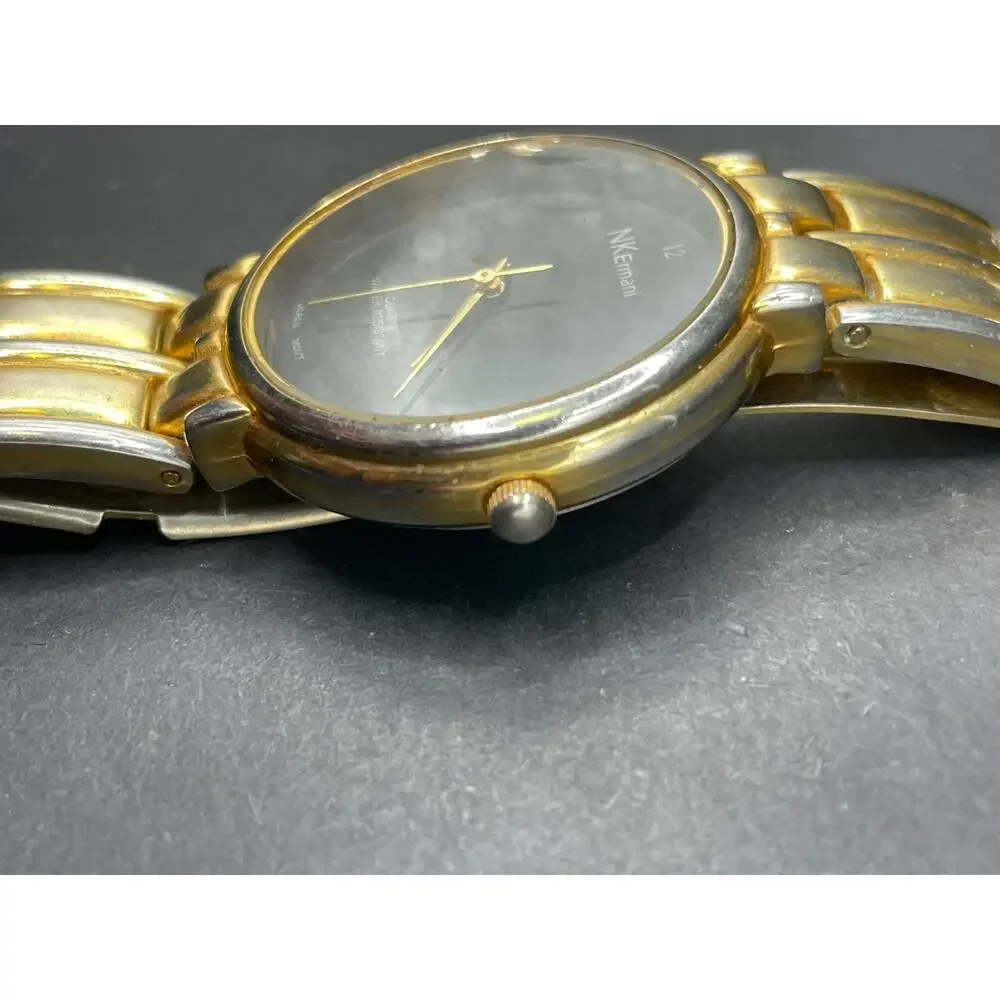 Vintage NK Ermani Quartz Men's Watch Gold Tone Black Dial 35mm Water Resistant